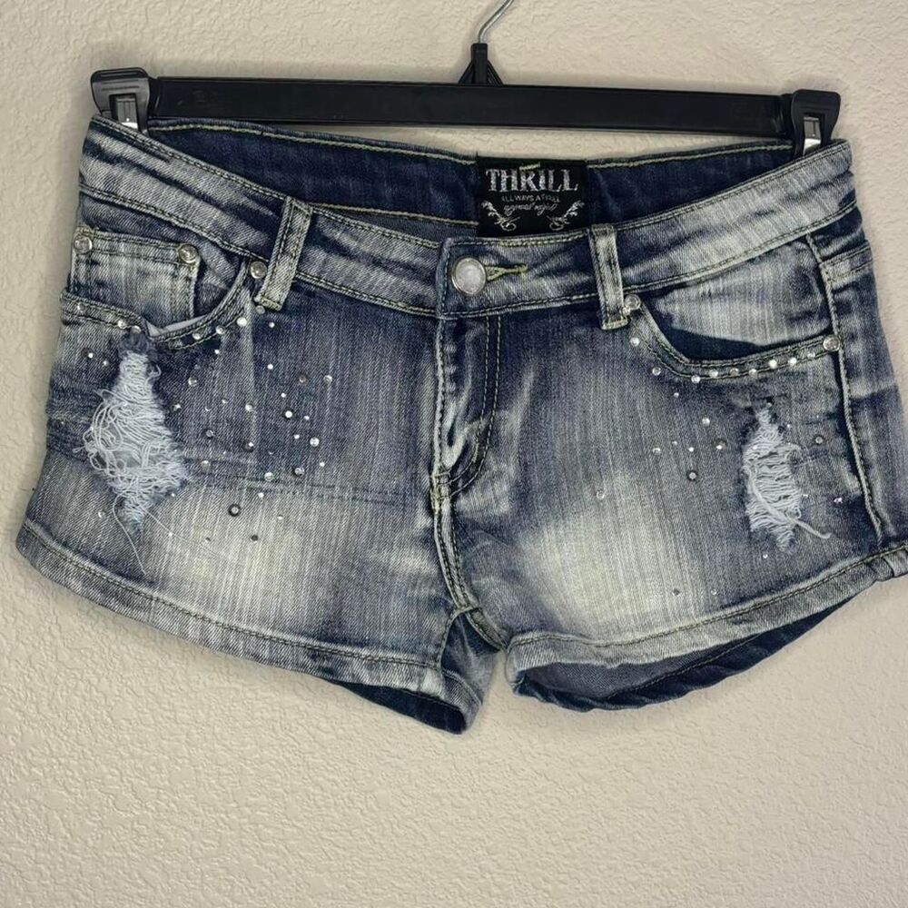THRILL Distressed Rhinestone Shorts
